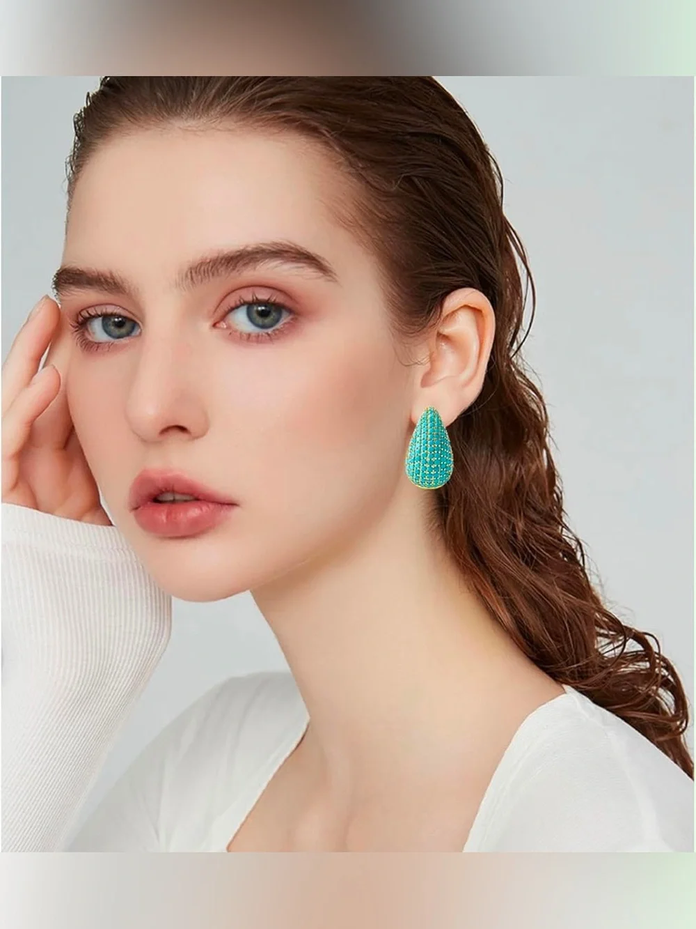 Turquoise Blue Teardrop Statement Earrings Gold tone